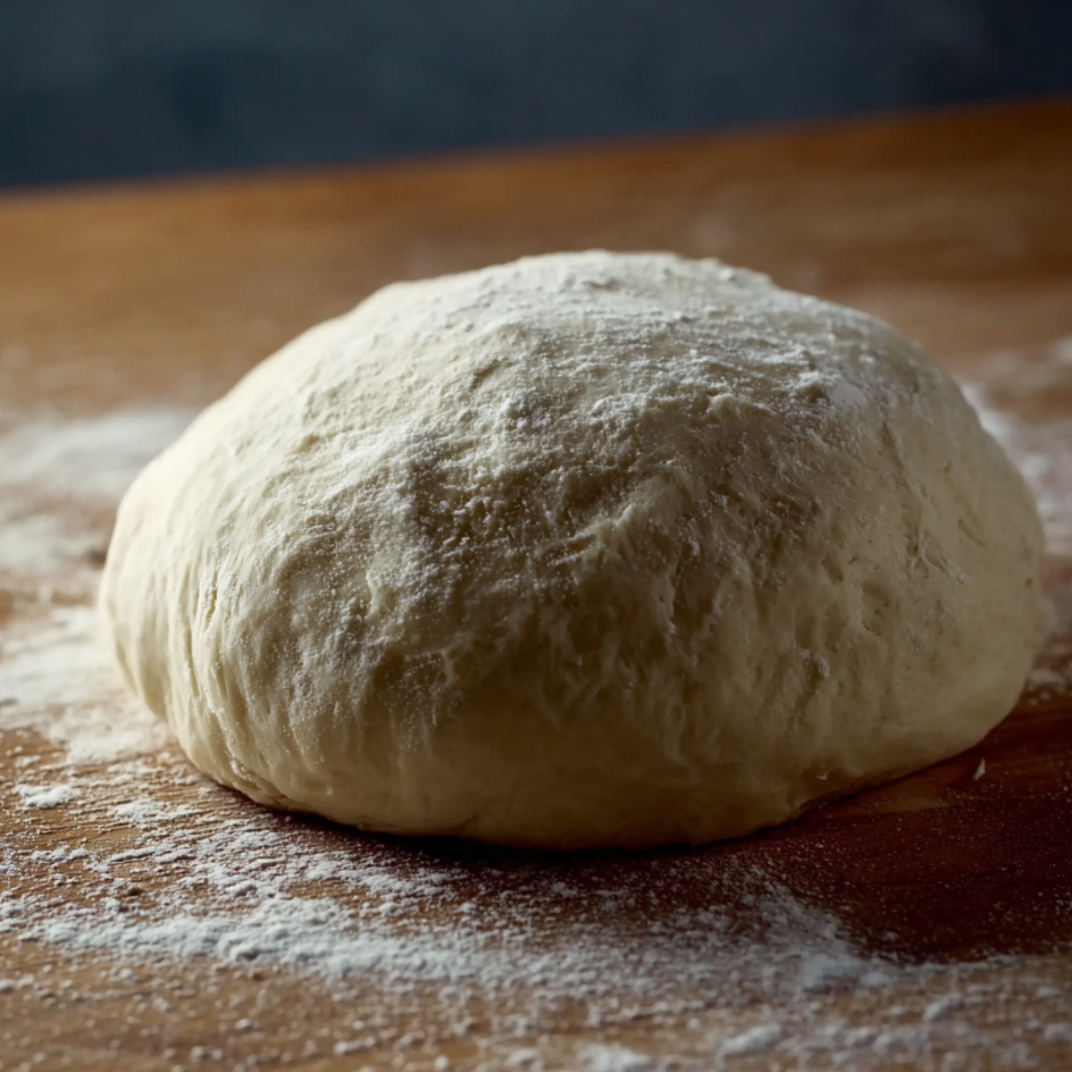 The image shows a smooth ball of dough dusted with flour, resting on a wooden surface.