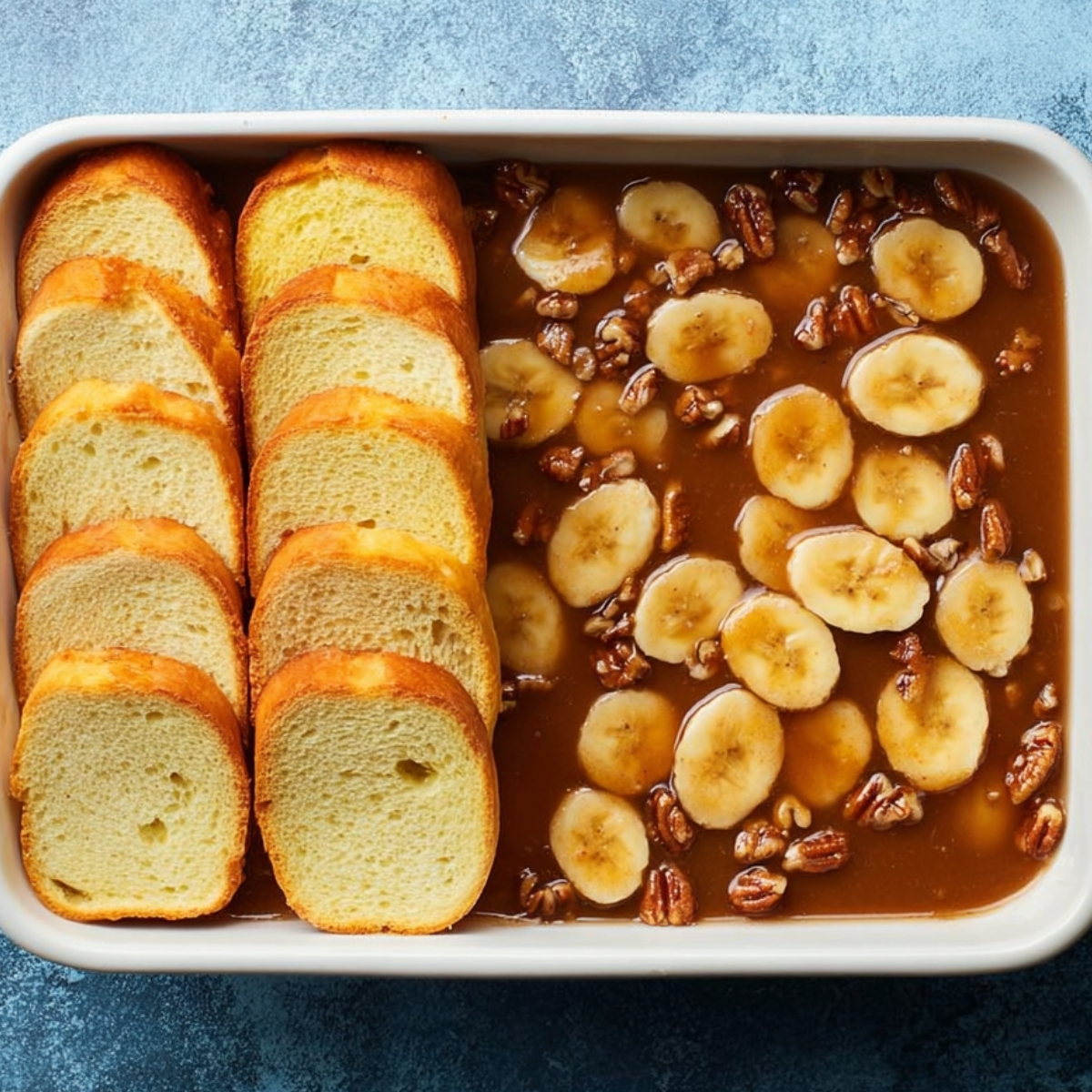 Sliced bread layered with caramelized bananas and pecans in a baking dish.