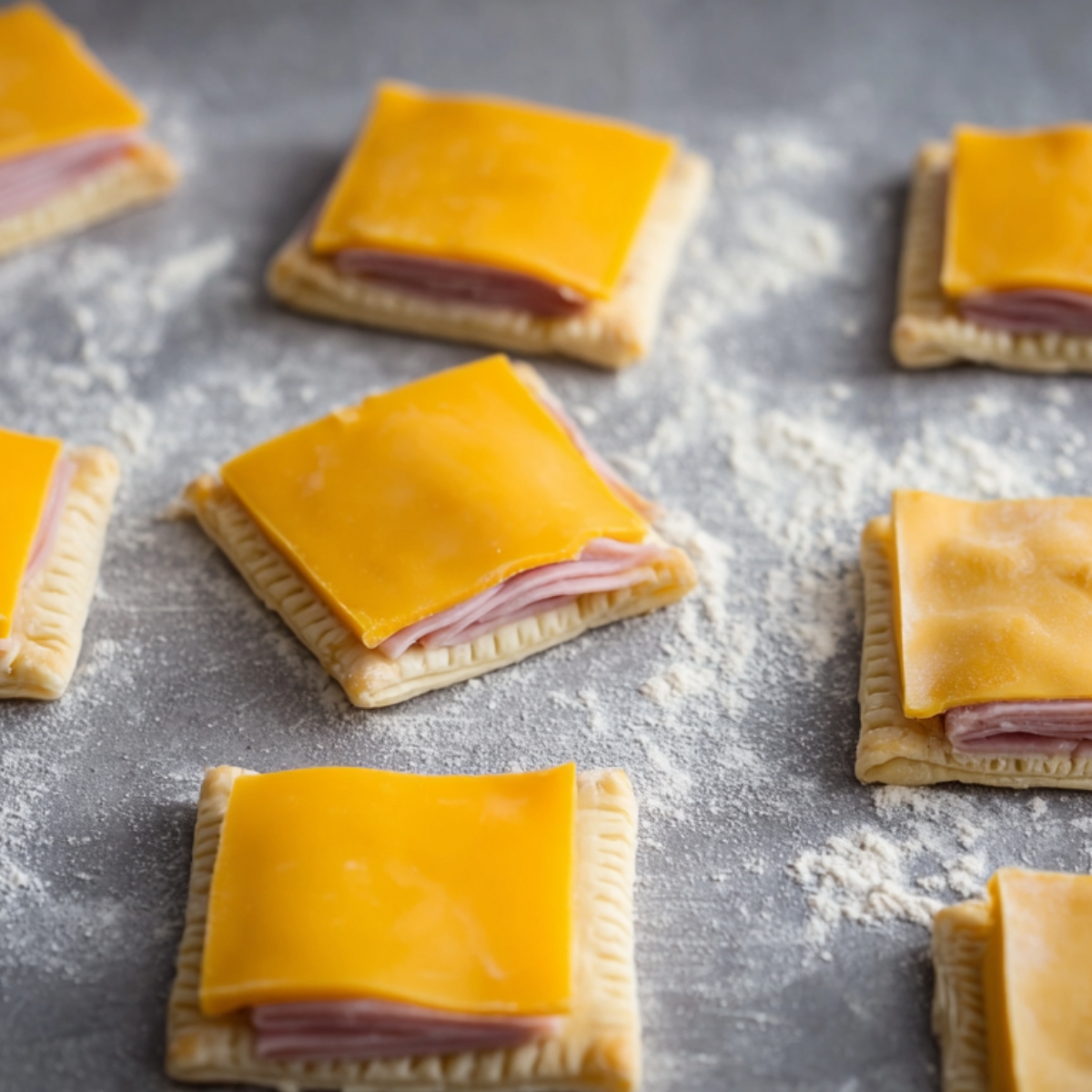 Pastry squares topped with slices of ham and cheddar cheese, ready for folding.