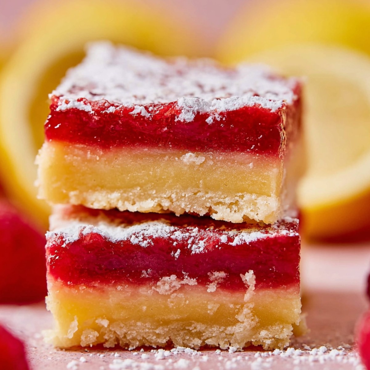 Two stacked lemon raspberry bars, dusted with powdered sugar, with a vibrant pink raspberry layer and a buttery crust