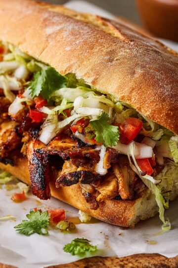Loaded Chicken Torta sandwich with grilled chicken and toppings