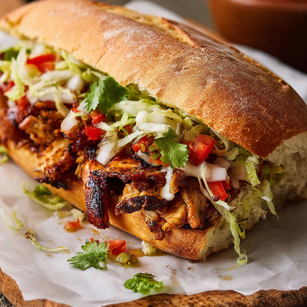 Loaded Chicken Torta sandwich with grilled chicken and toppings