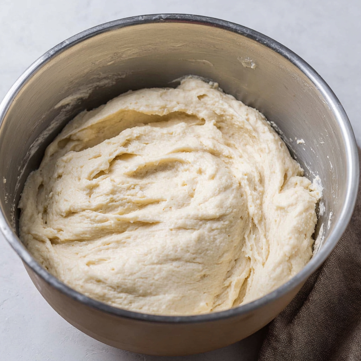 Soft, risen babka dough in a mixing bowl, ready for shaping.