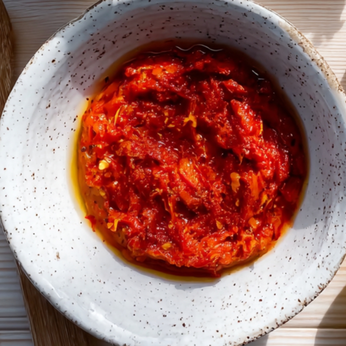 Spicy red chili sauce in a bowl.