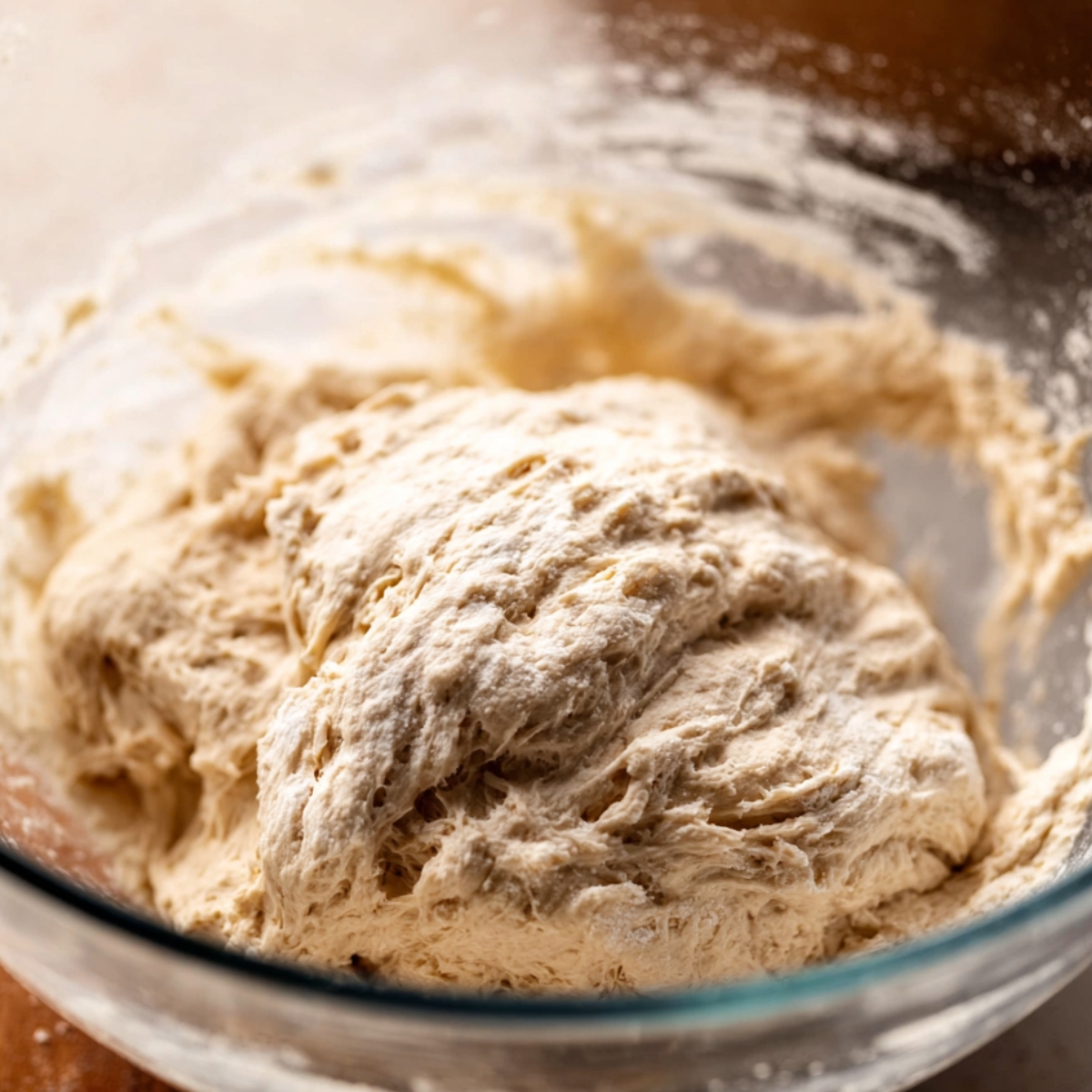 Soft, sticky dough rising in a glass bowl.
