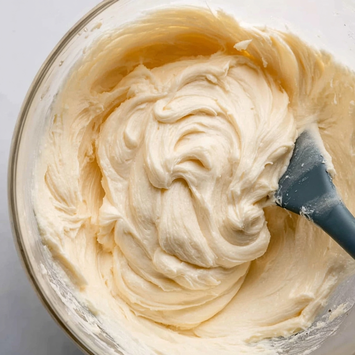 Creamy cheesecake filling mixed in a bowl.