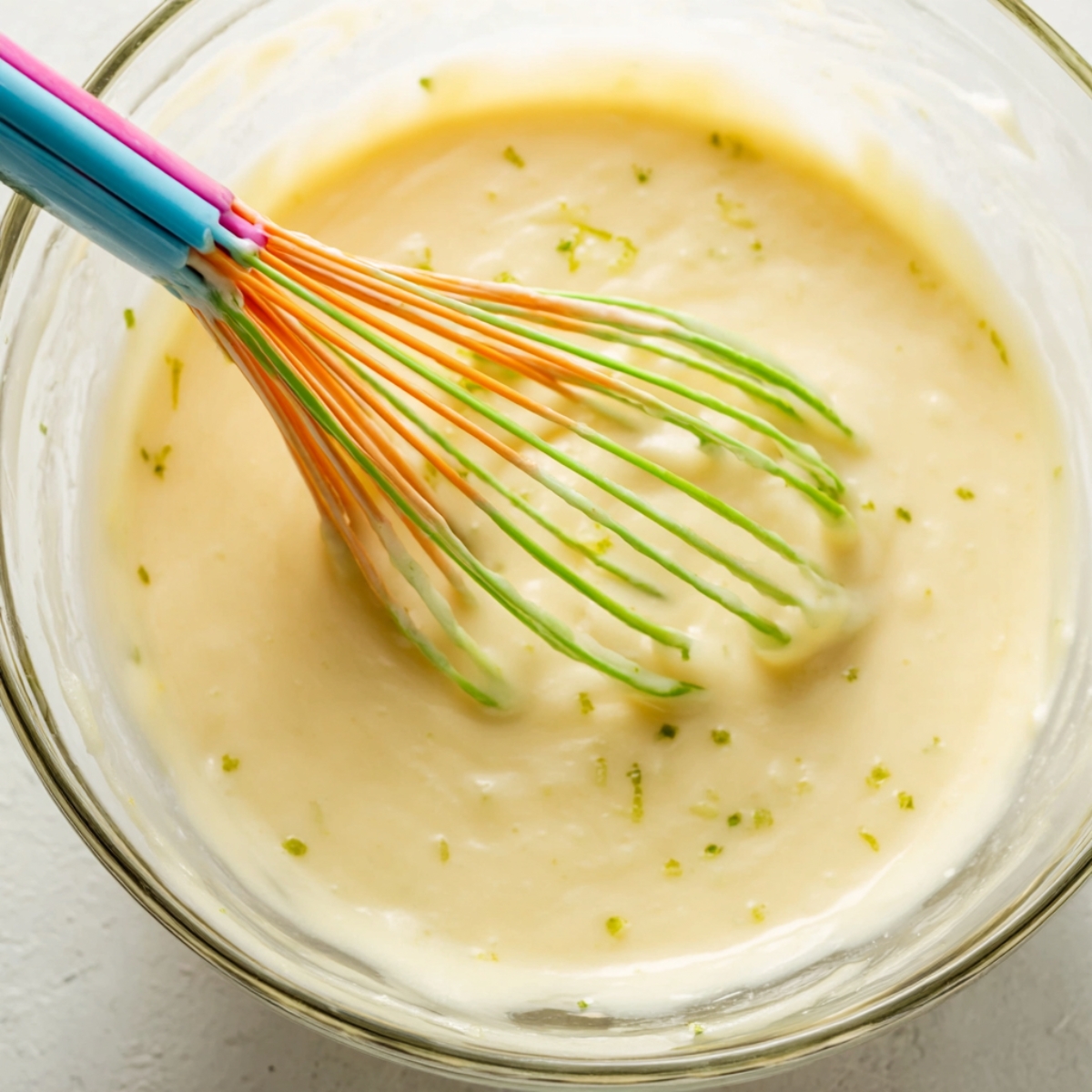 Lemon filling whisked in a glass bowl.
