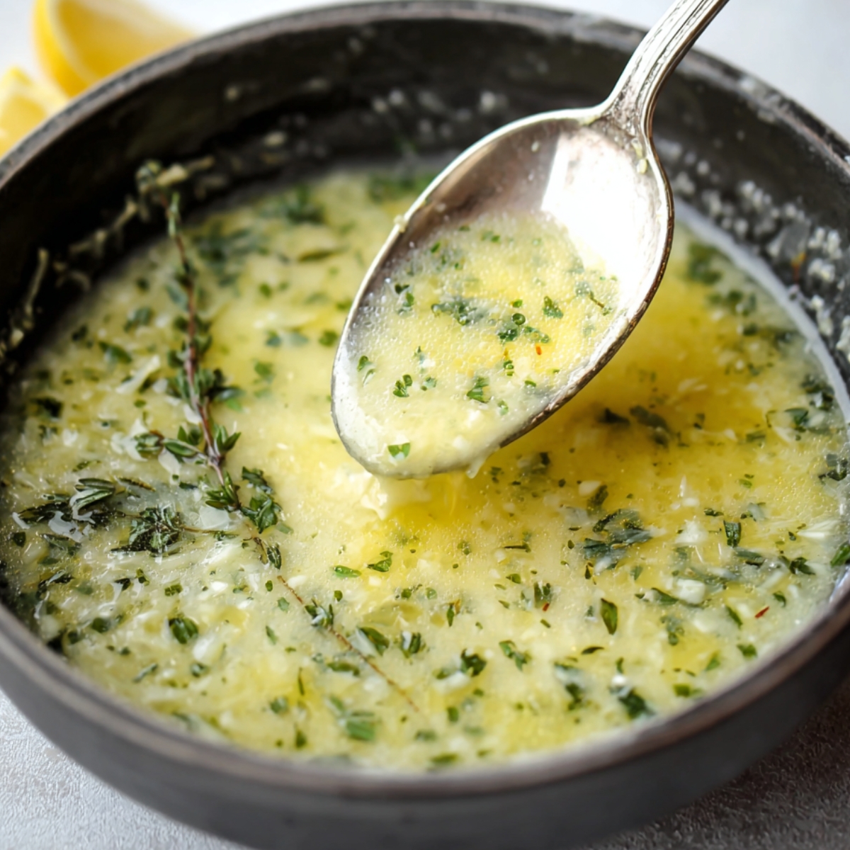 Lemon butter sauce with fresh herbs, ready to drizzle.
