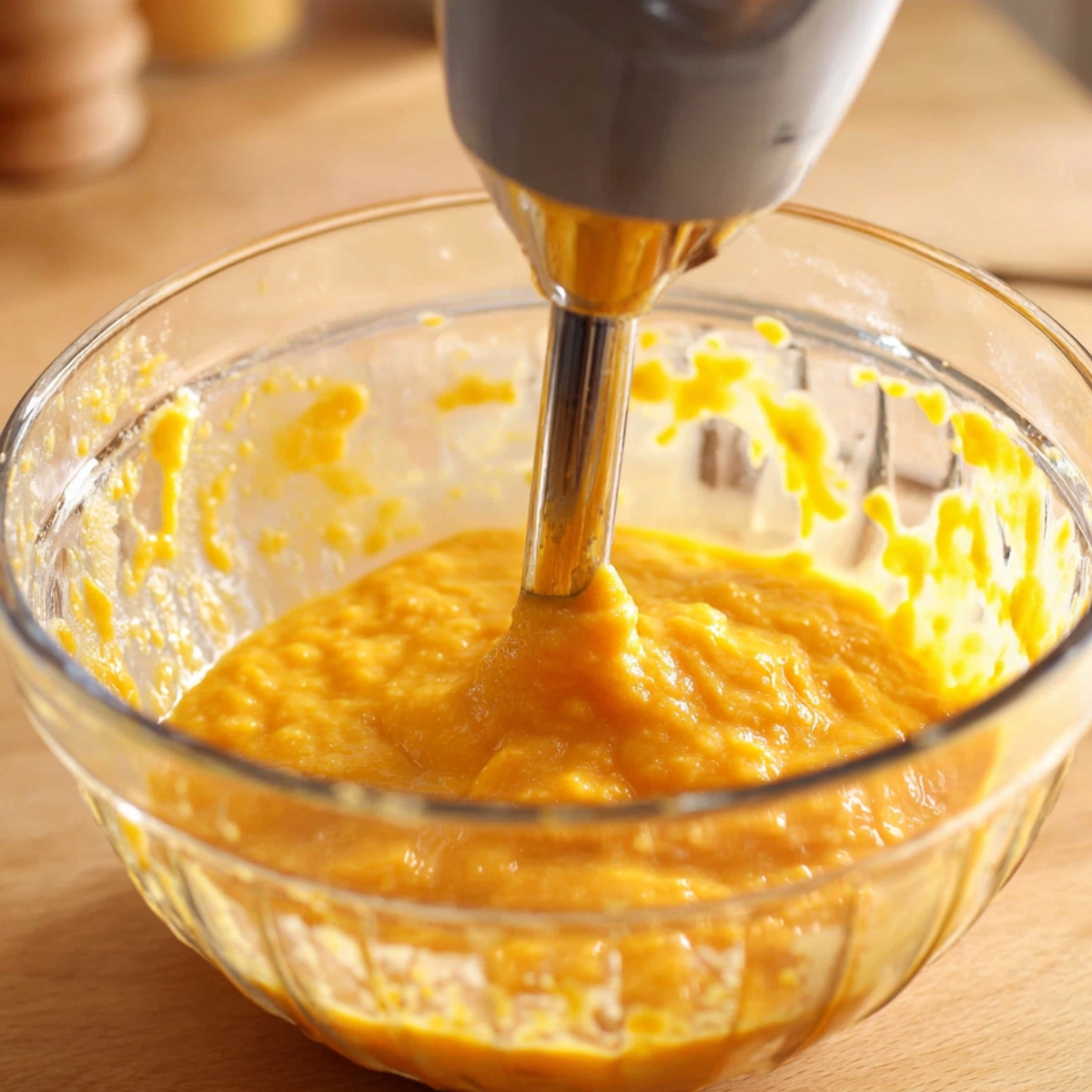 Mango mixture being blended smooth in a glass bowl.
