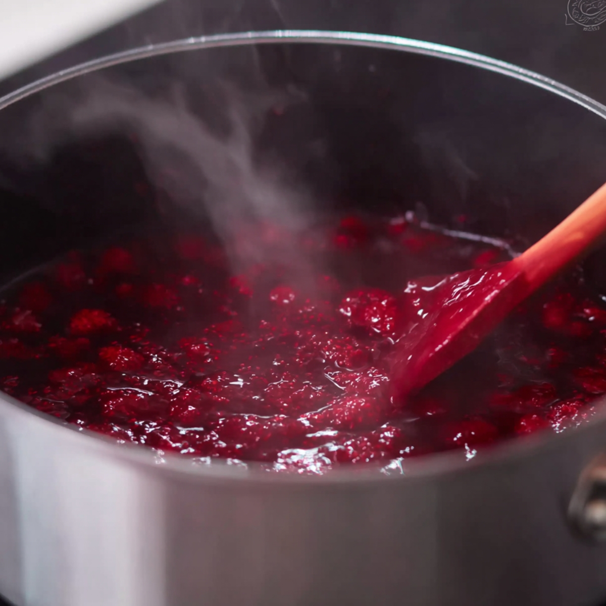 Cooking raspberry jam in a pot, with steam rising from the mixture.