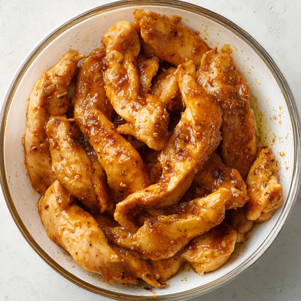 Chicken strips marinated in a flavorful sauce, ready for cooking.