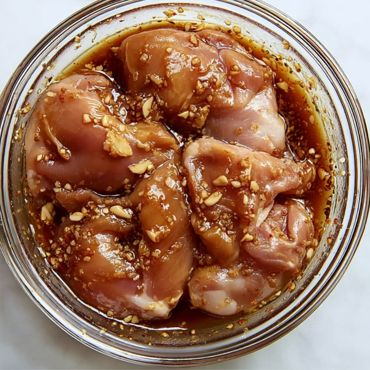 Raw chicken pieces marinating in a glossy soy-based sauce with garlic.