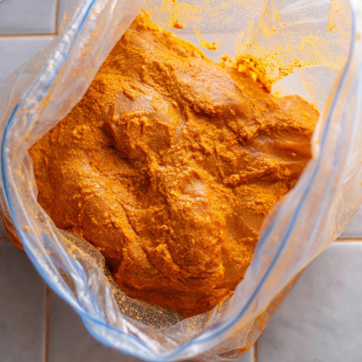 Chicken coated in spicy marinade inside a bag.