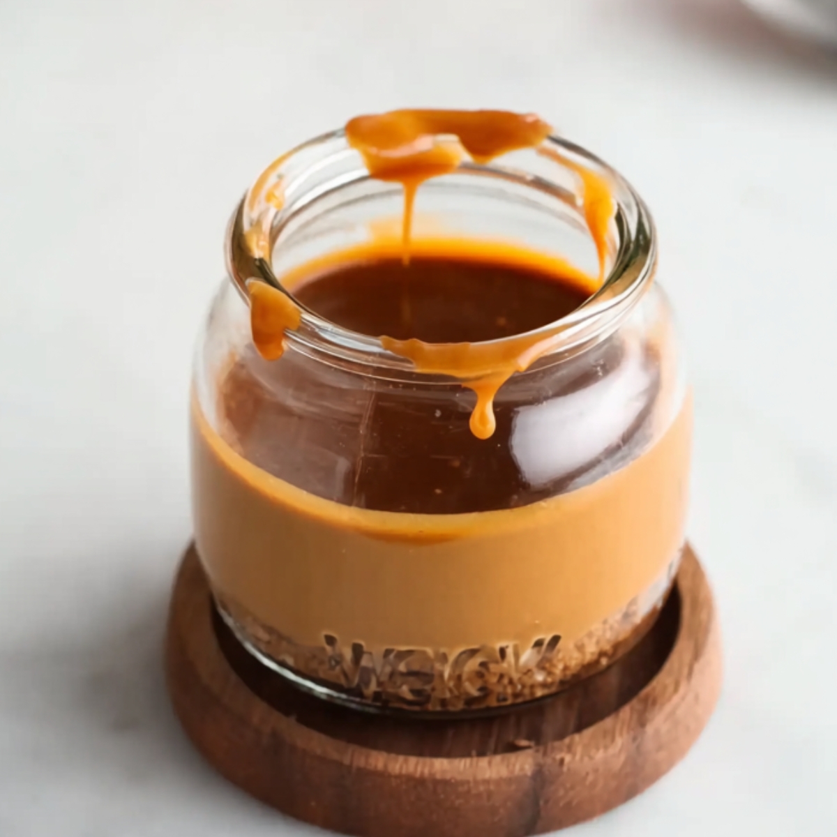 A jar filled with caramel sauce drizzled over a crunchy base layer.