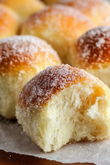 The image shows a freshly baked sugar-coated Milk and Sugar Mini Buns, revealing its soft interior.