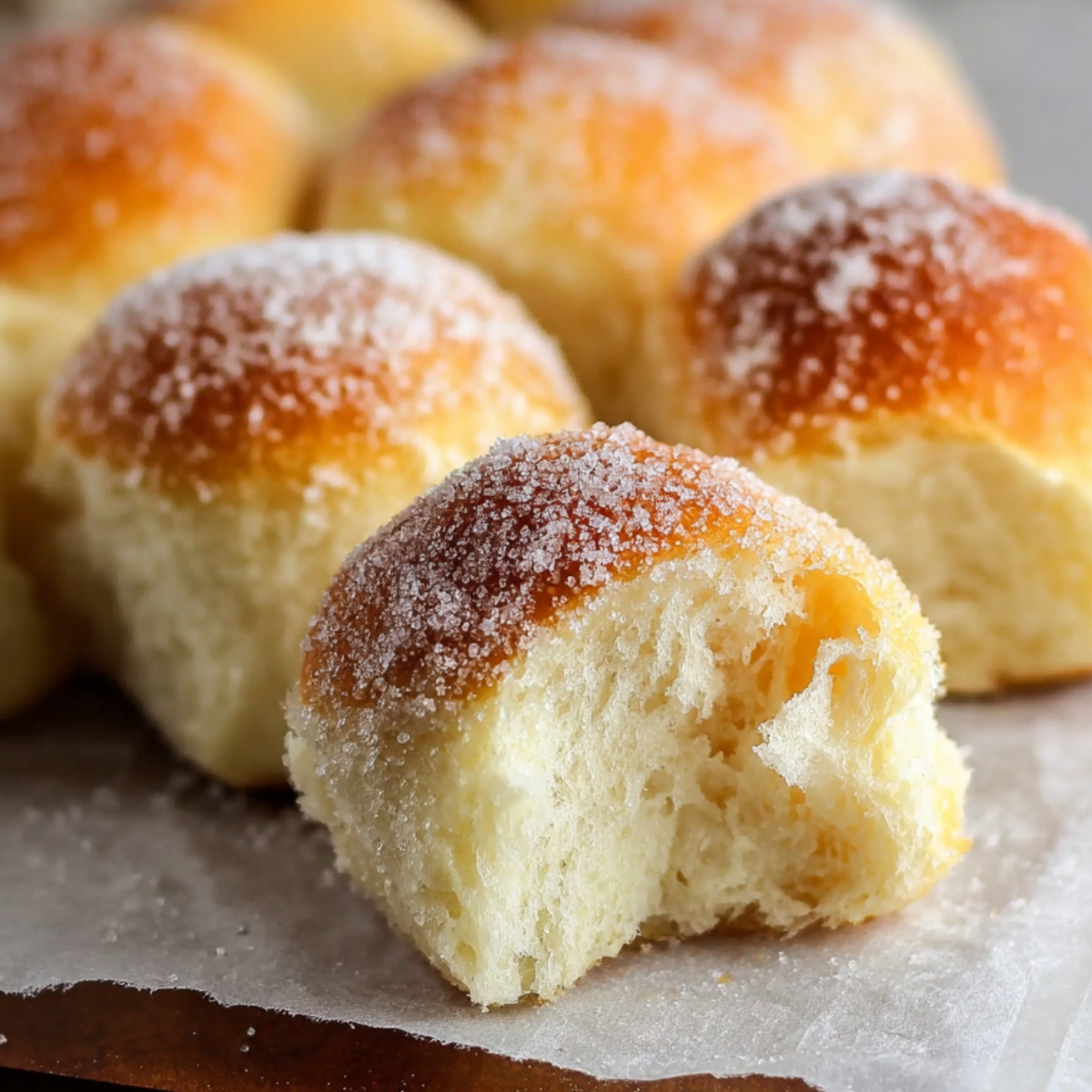 The image shows a freshly baked sugar-coated Milk and Sugar Mini Buns, revealing its soft interior.
