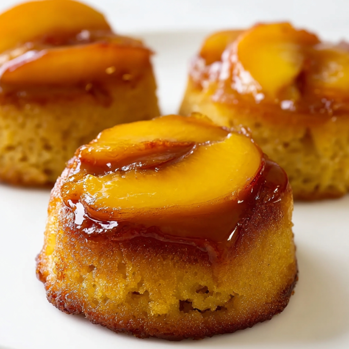 Mini peach upside-down cakes with golden caramelized peaches on top, served on a white plate.