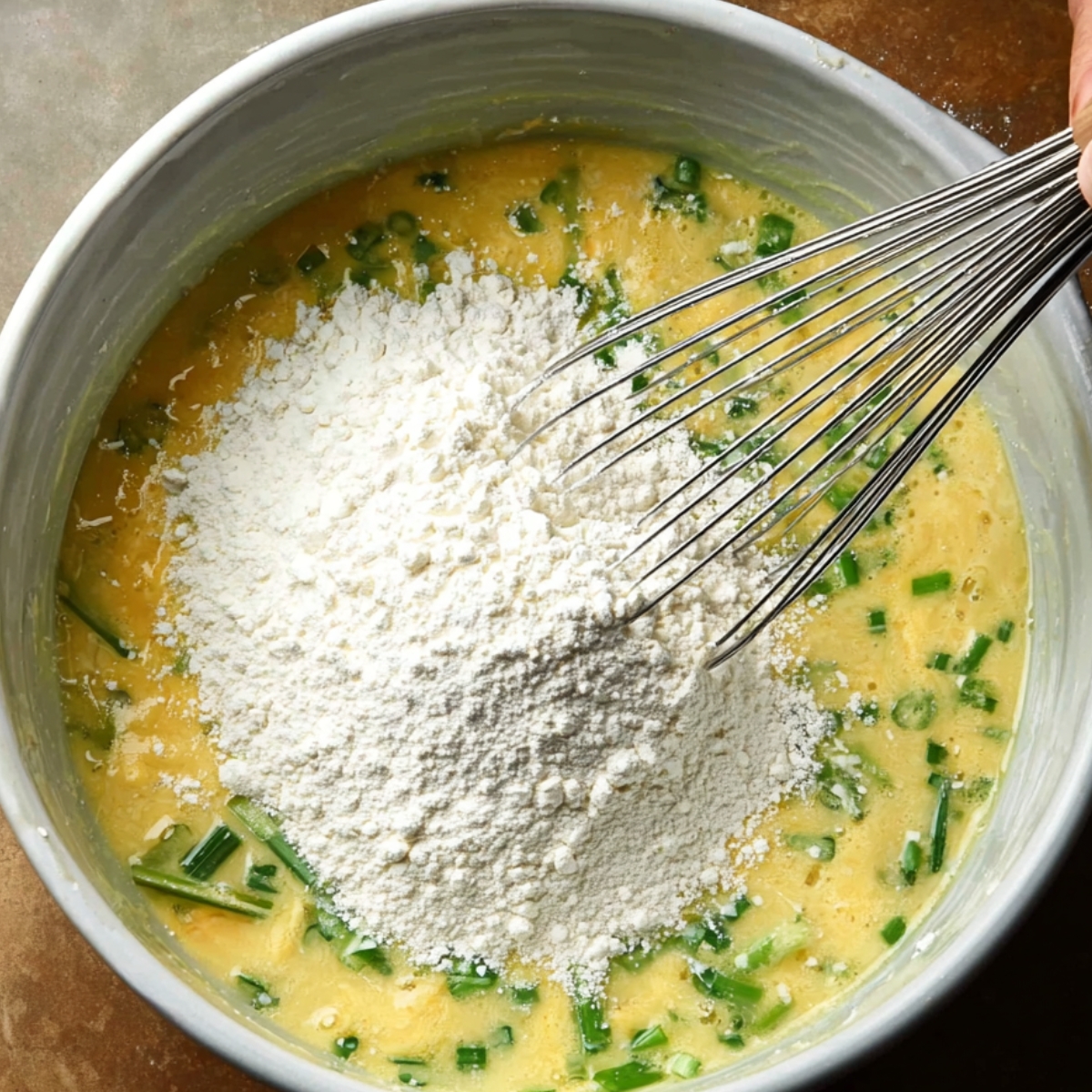 The image shows a bowl of beaten eggs with green onions and flour being added, with a whisk ready to mix.