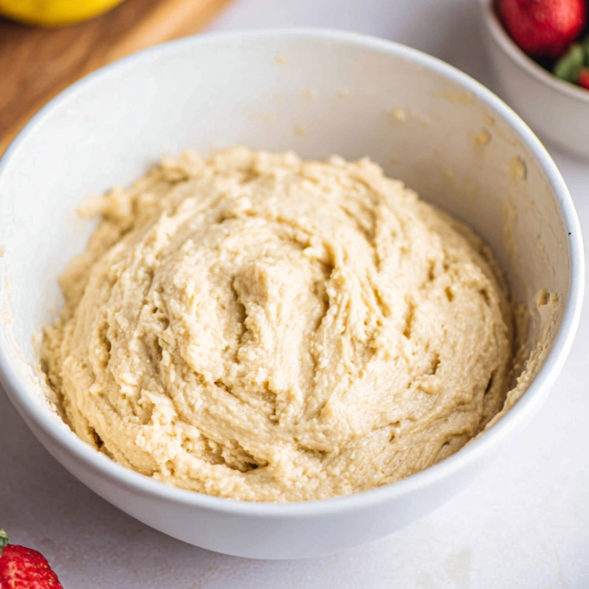 Smooth, creamy dough in a white bowl, ready for the next step in baking.