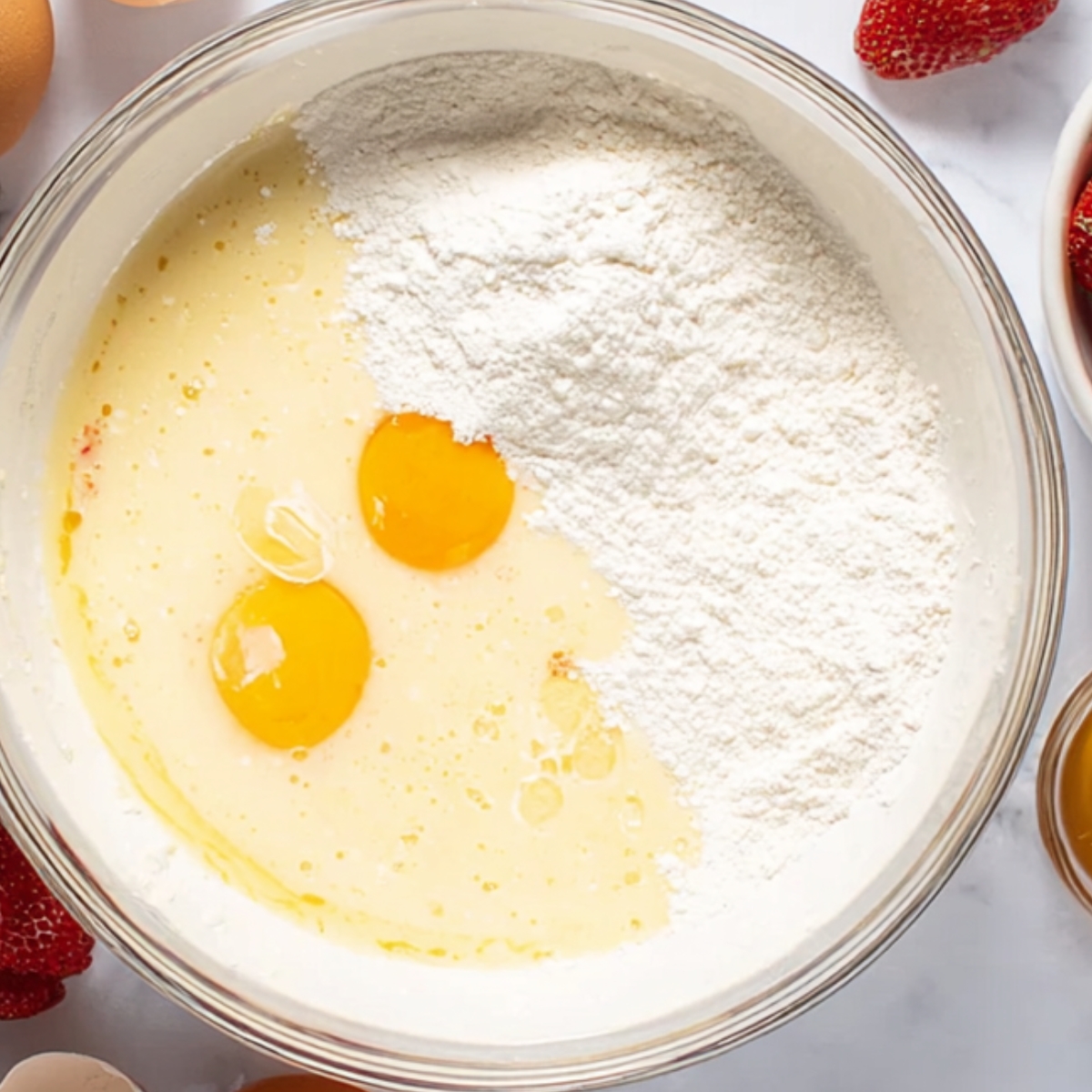 The image shows the process of mixing the ingredients for cake batter, with eggs and flour added to the wet ingredients.