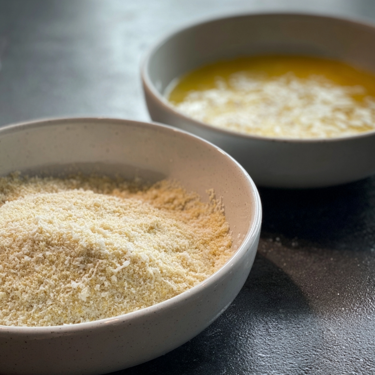 Bowls of seasoned breadcrumbs and beaten eggs