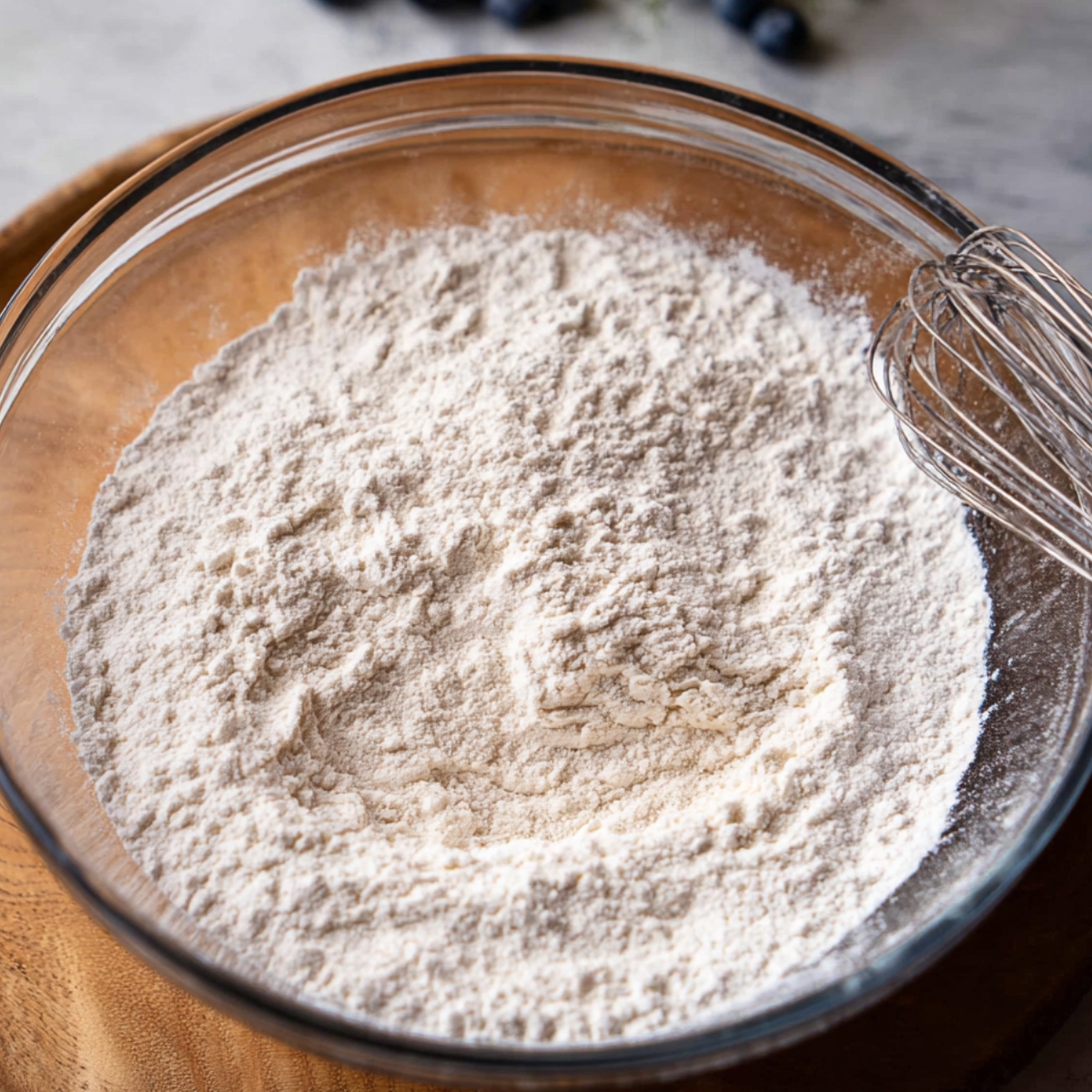 The dry ingredients are mixed and ready for the next step. Just waiting to come together with the wet ingredients and those delicious blueberries