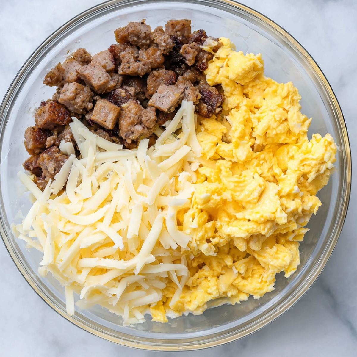 Bowl with scrambled eggs, sausage, and shredded cheese.