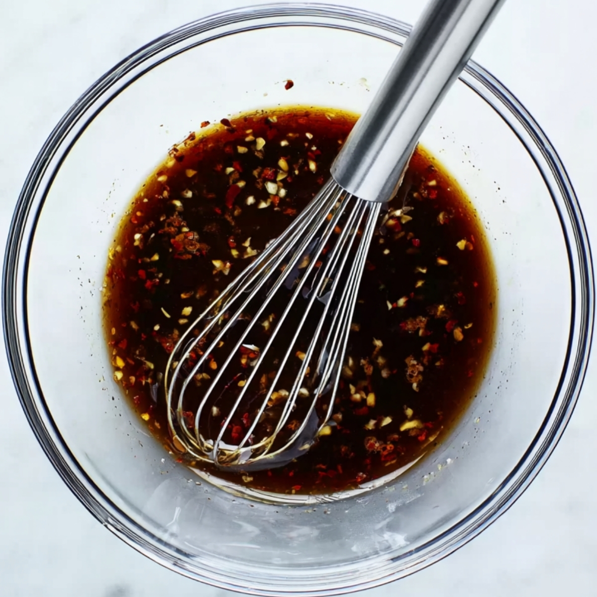 Whisk mixing a dark marinade with chili flakes in a glass bowl.