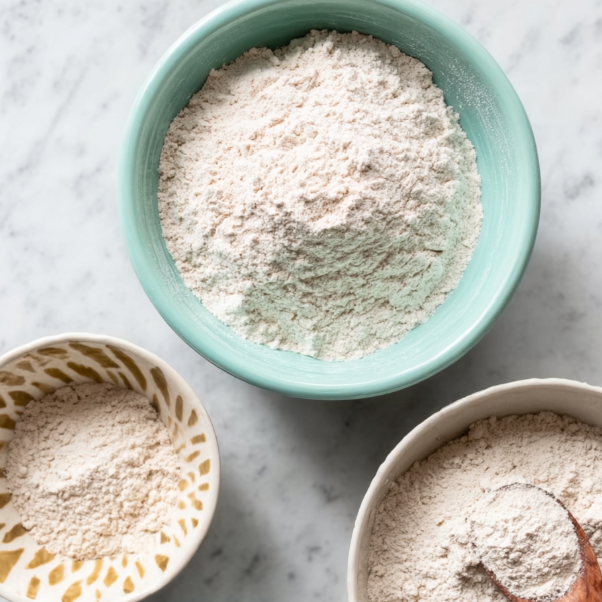 Bowls of seasoned flour for coating chicken.