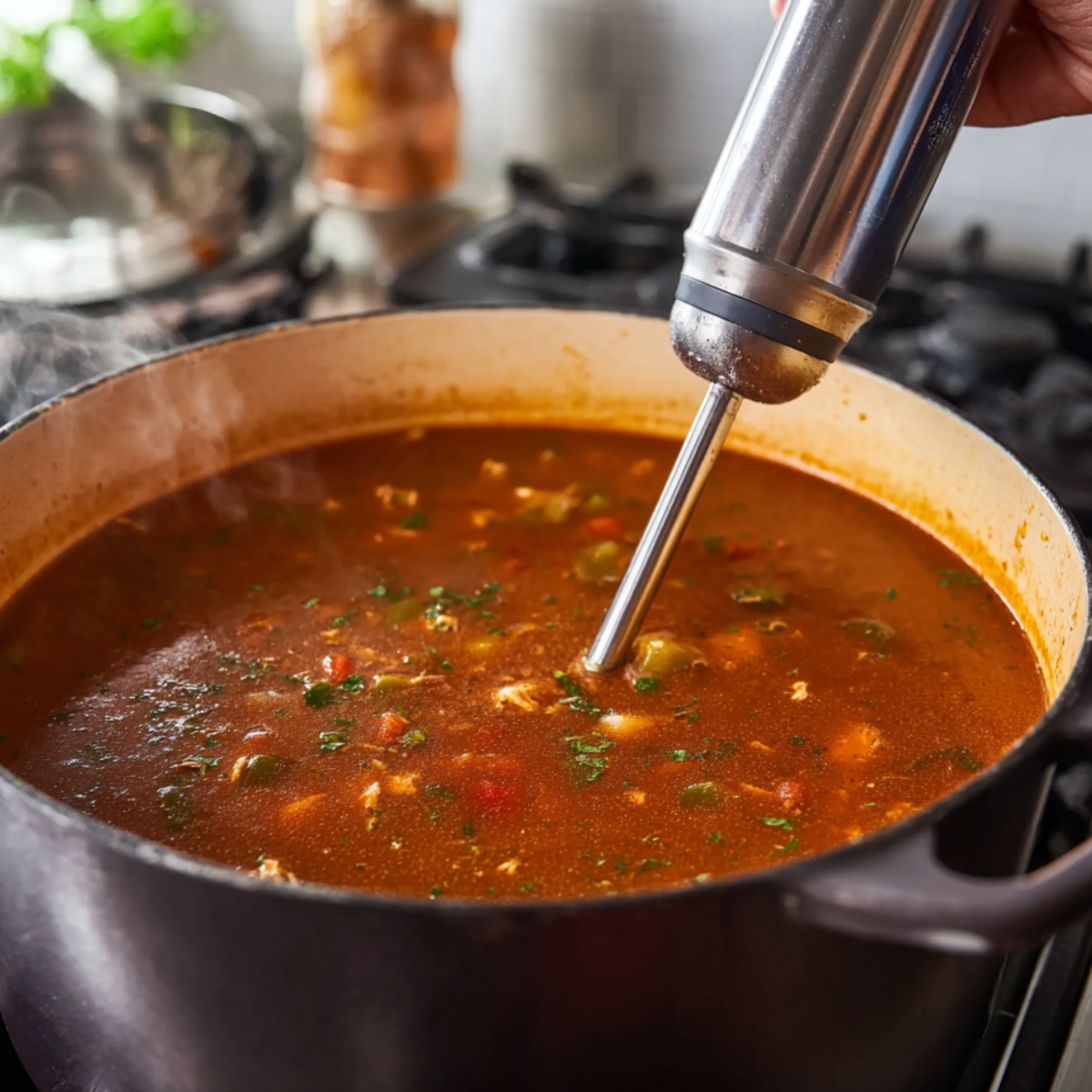 Immersion blender partially blending chicken enchilada soup in a pot.