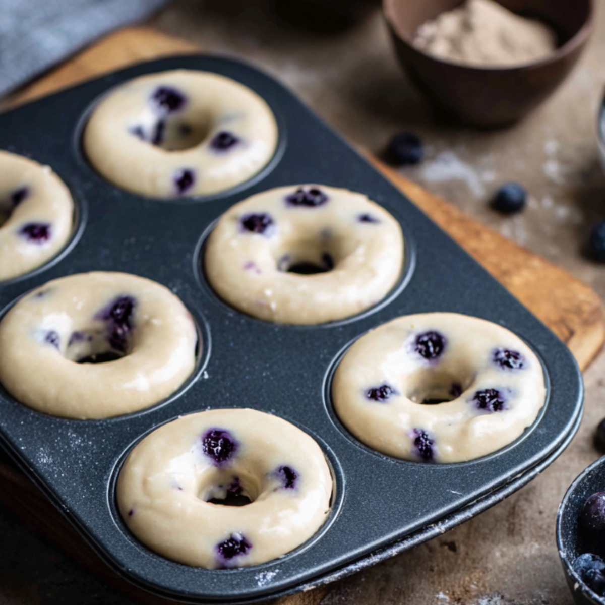 The donuts are in their pan, ready to bake, with visible blueberries peeking through the batter. The batter looks thick and perfectly set, ensuring a nice rise as they bake. Would you like tips on baking or glazing these blueberry donuts
