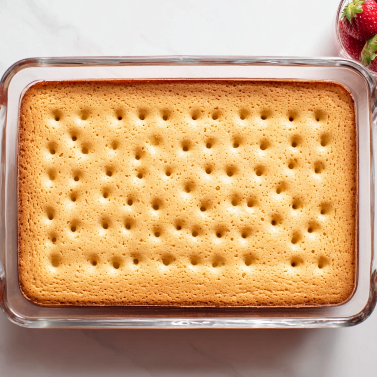 The image shows the step of poking holes into the freshly baked cake, likely in preparation for the next step of adding a topping or filling for a poke cake.