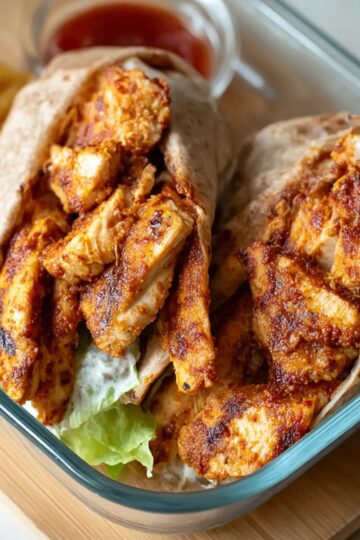 Portuguese-style chilli chicken wraps with fries.