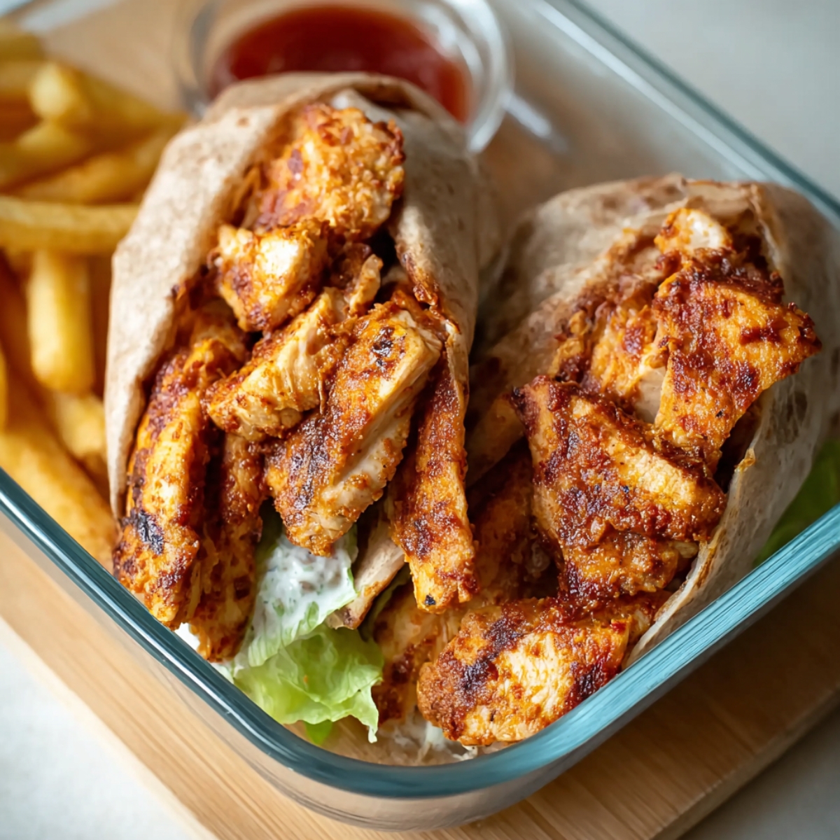Portuguese-style chilli chicken wraps with fries.