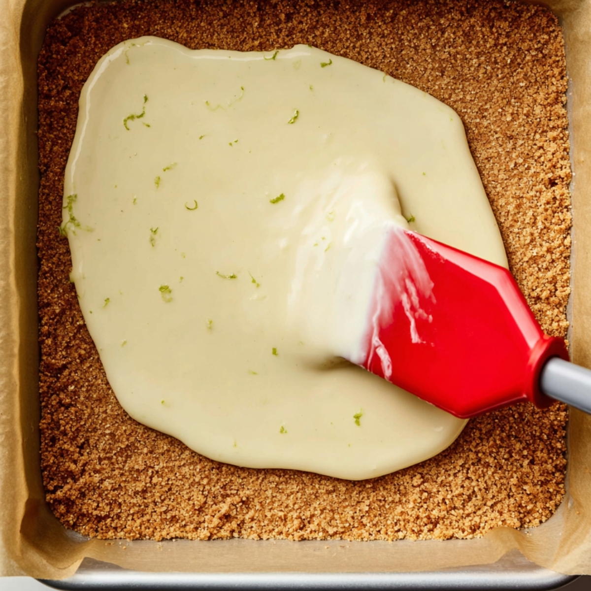 Lemon filling spread over graham cracker crust.