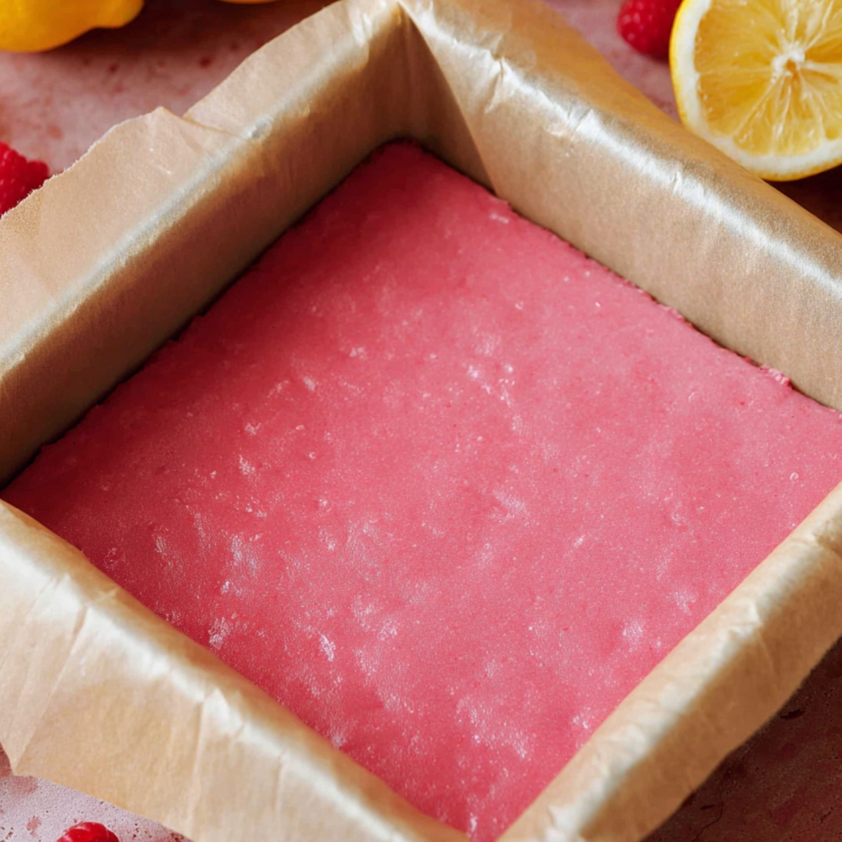 Pink lemon-raspberry mixture poured into a parchment-lined baking pan, ready to be baked.