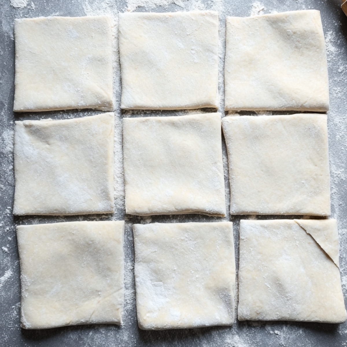 Nine squares of pastry dough dusted with flour, ready for preparation.