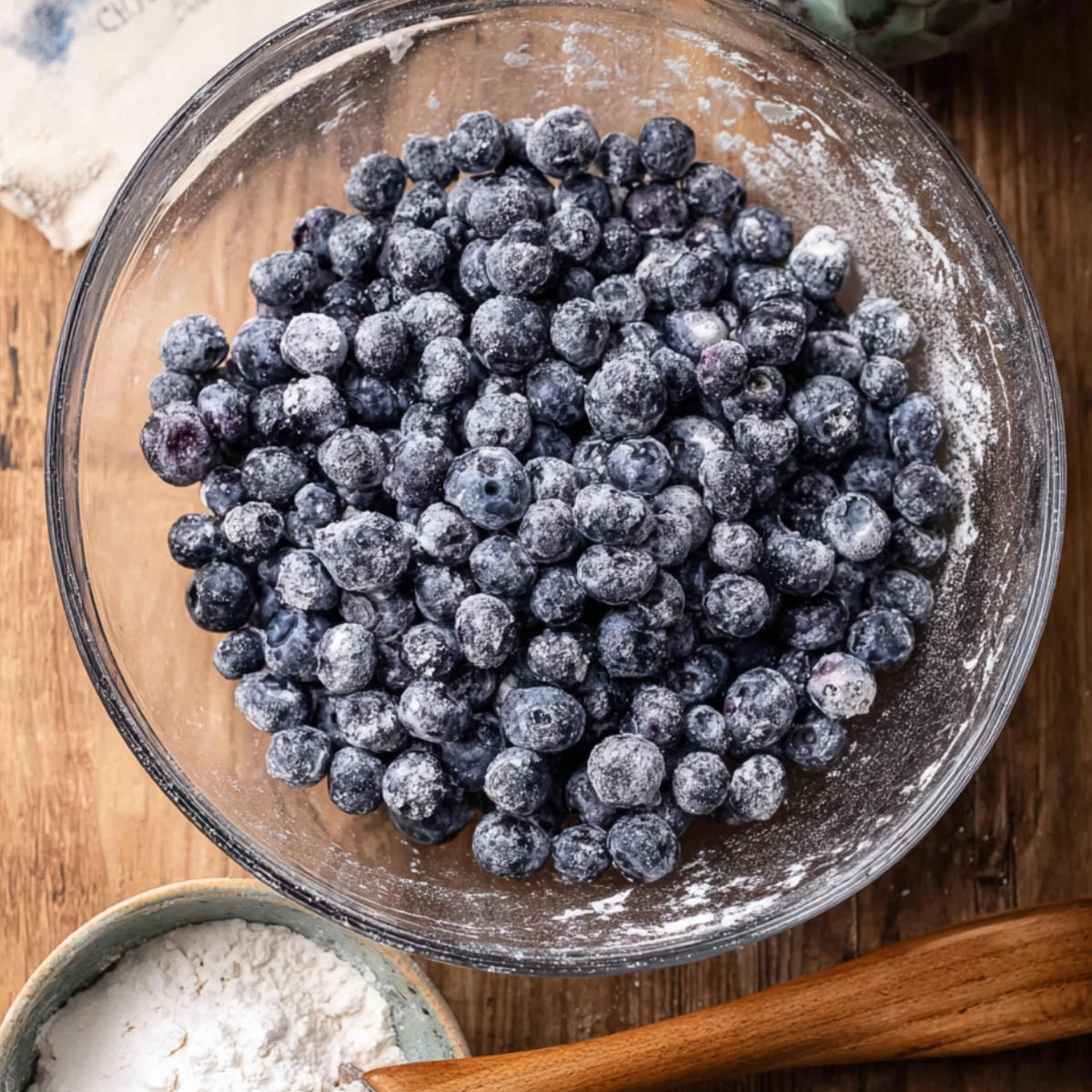 The blueberries are well-prepped with a light dusting of flour. This ensures they stay evenly distributed in the batter. Ready to fold them in