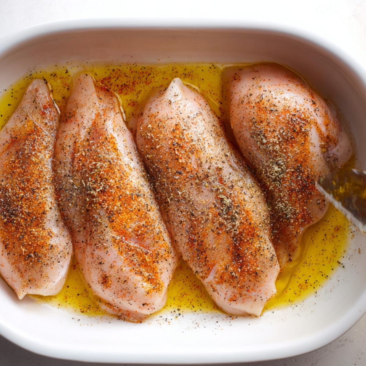 Seasoned chicken breasts drizzled with olive oil and ready for baking.