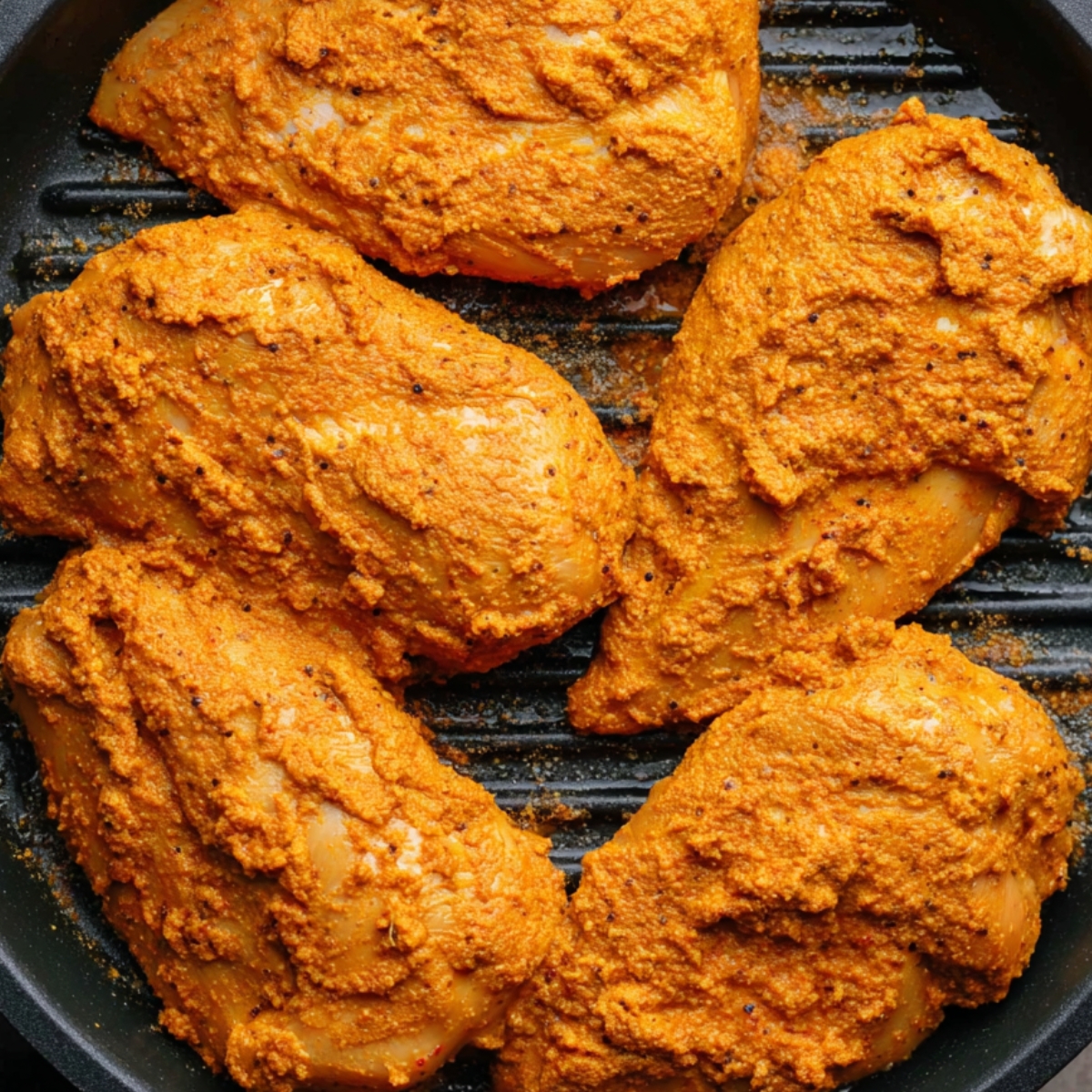 Marinated chicken placed on a grill pan.