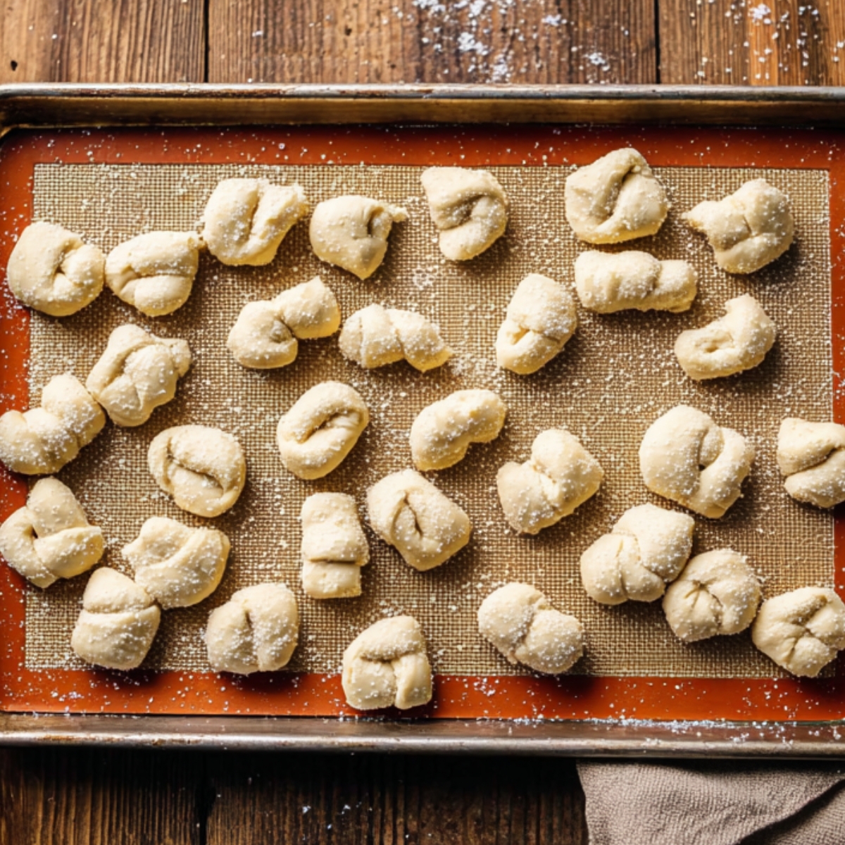 Unbaked pretzel bite dough arranged on a lined baking sheet.