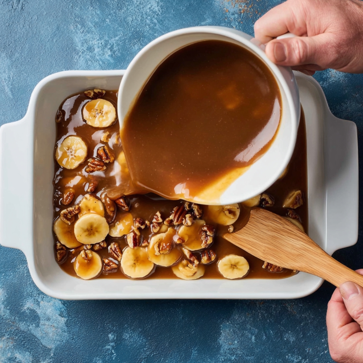 Caramel sauce being poured over bananas and pecans in a baking dish.