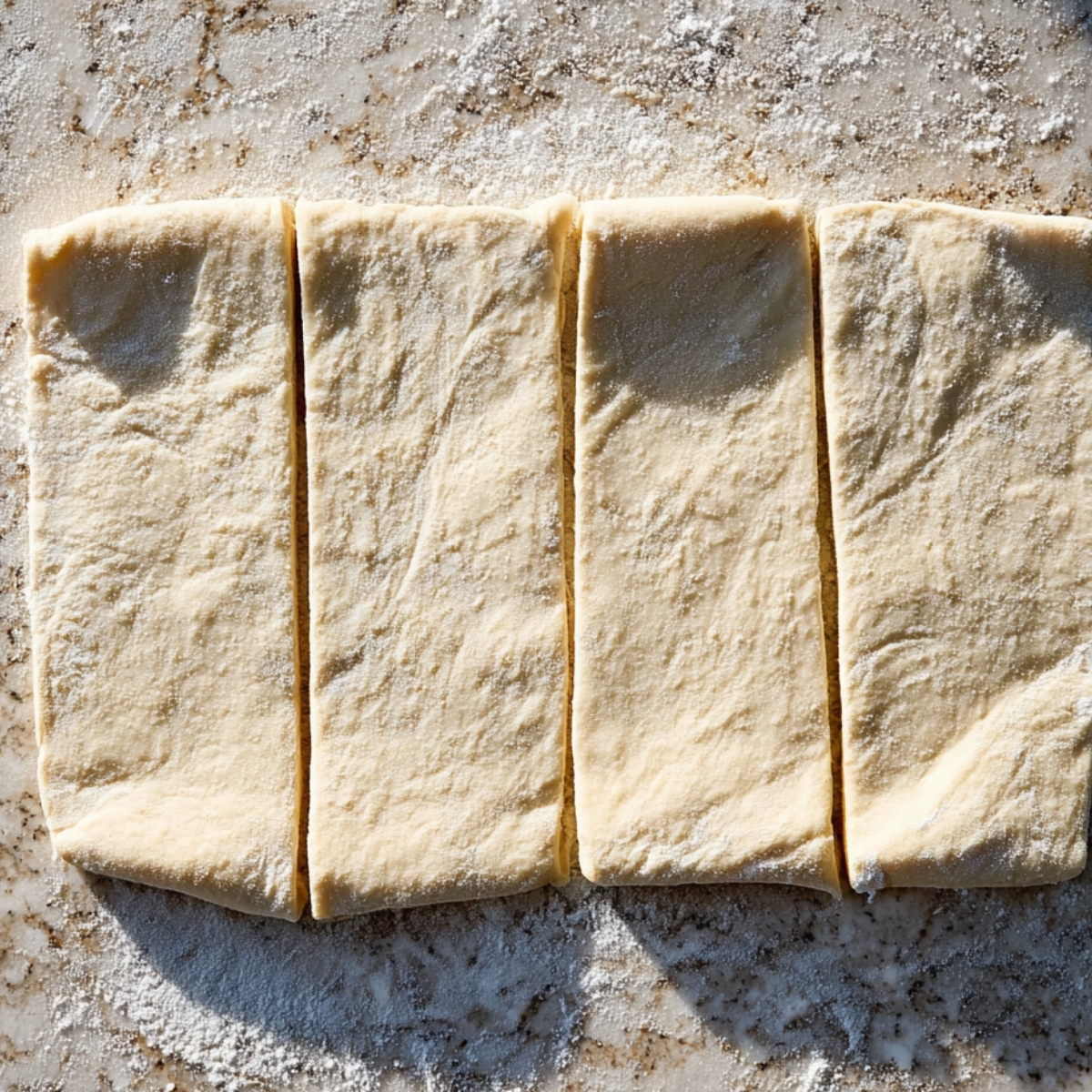 Rolled dough cut into four rectangular strips on a floured surface.