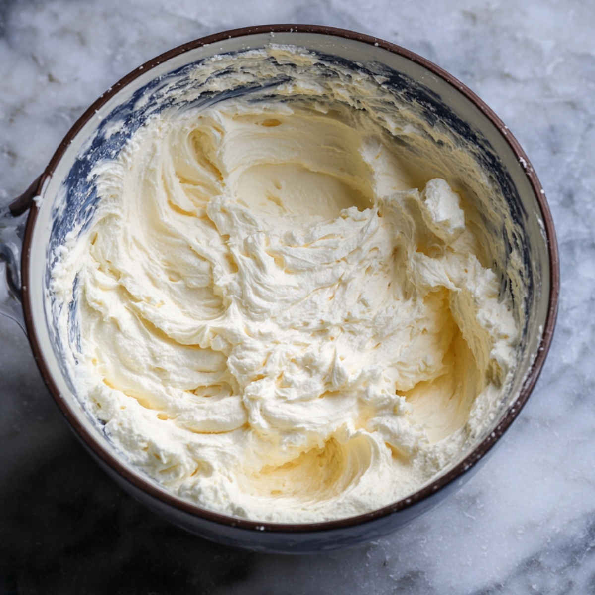 Bowl of creamy, whipped filling mixture on a marble surface.