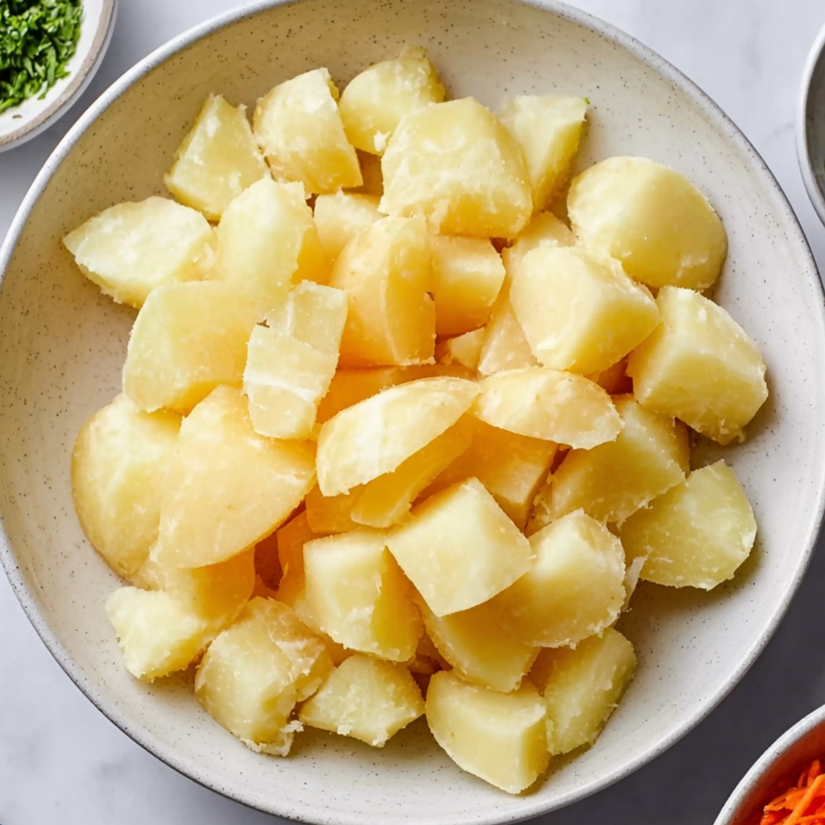 Cooked potatoes cut into chunks in a bowl.