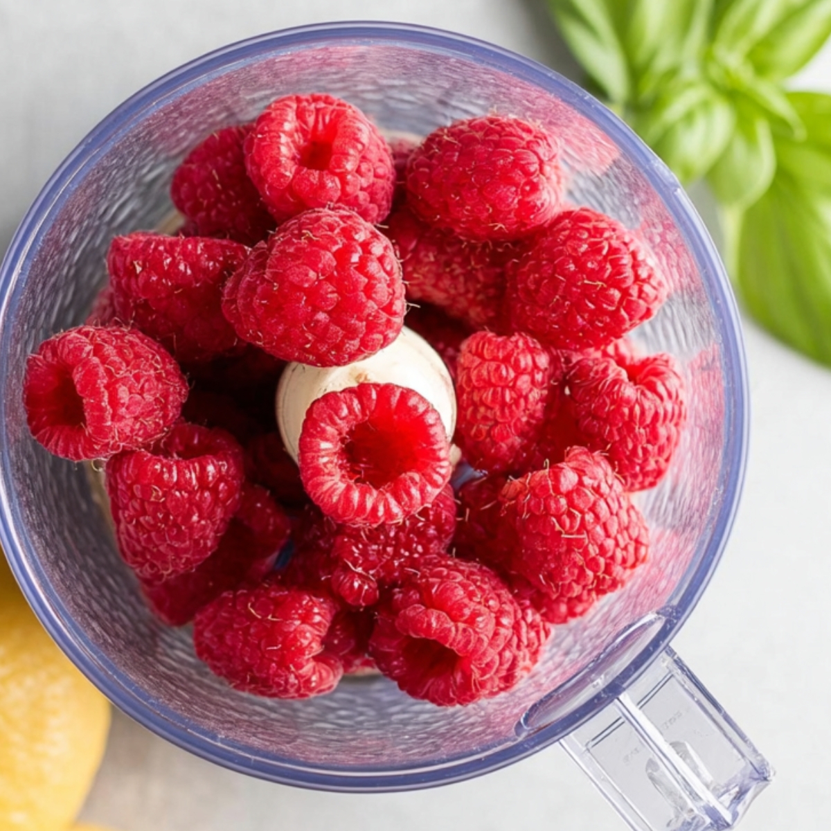 The image shows fresh raspberries placed in a food processor, likely to be blended into a puree. Would you like to continue with the steps or need any more help?