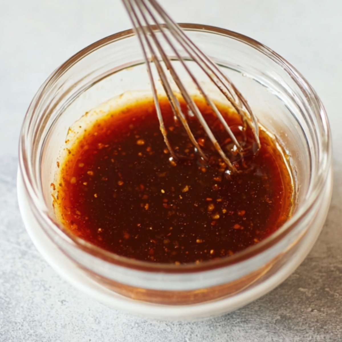 Sweet chili sauce being whisked in a small bowl.
