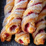 The image shows Raspberry Pastry Twists, dusted with powdered sugar.