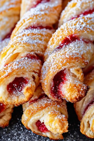 The image shows Raspberry Pastry Twists, dusted with powdered sugar.