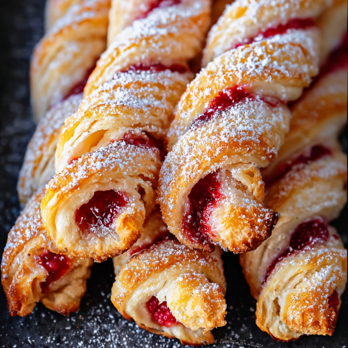 The image shows Raspberry Pastry Twists, dusted with powdered sugar.